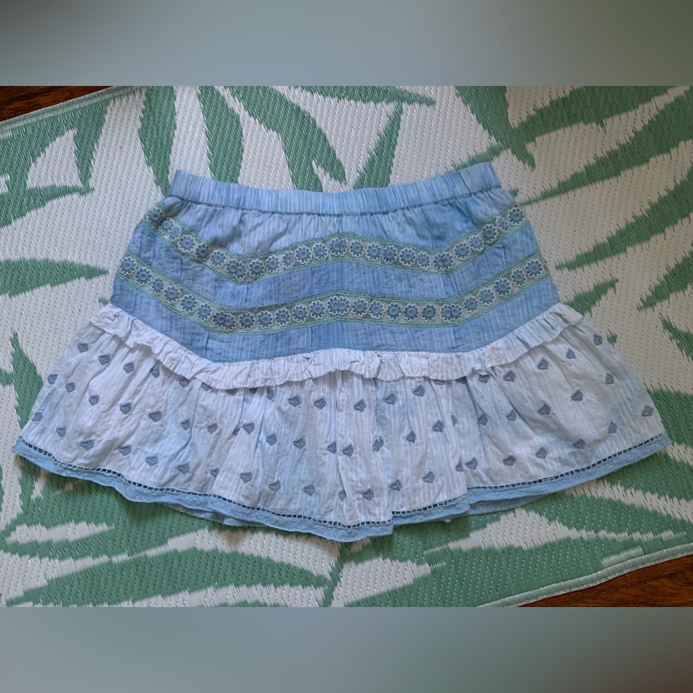 LoveShackFancy Blue and White Tie Dye Boho Mini Skirt XL